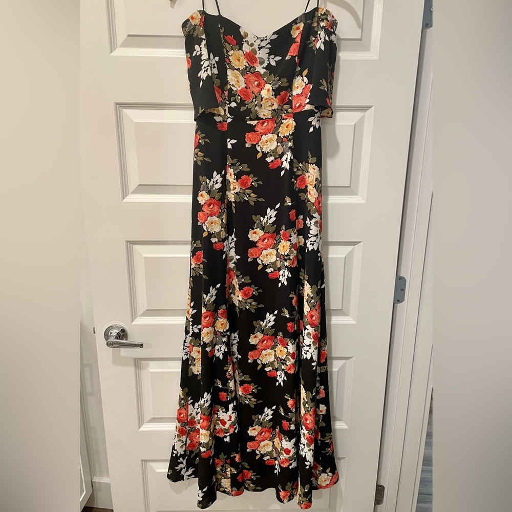 Strapless floral maxi dress with sleeves